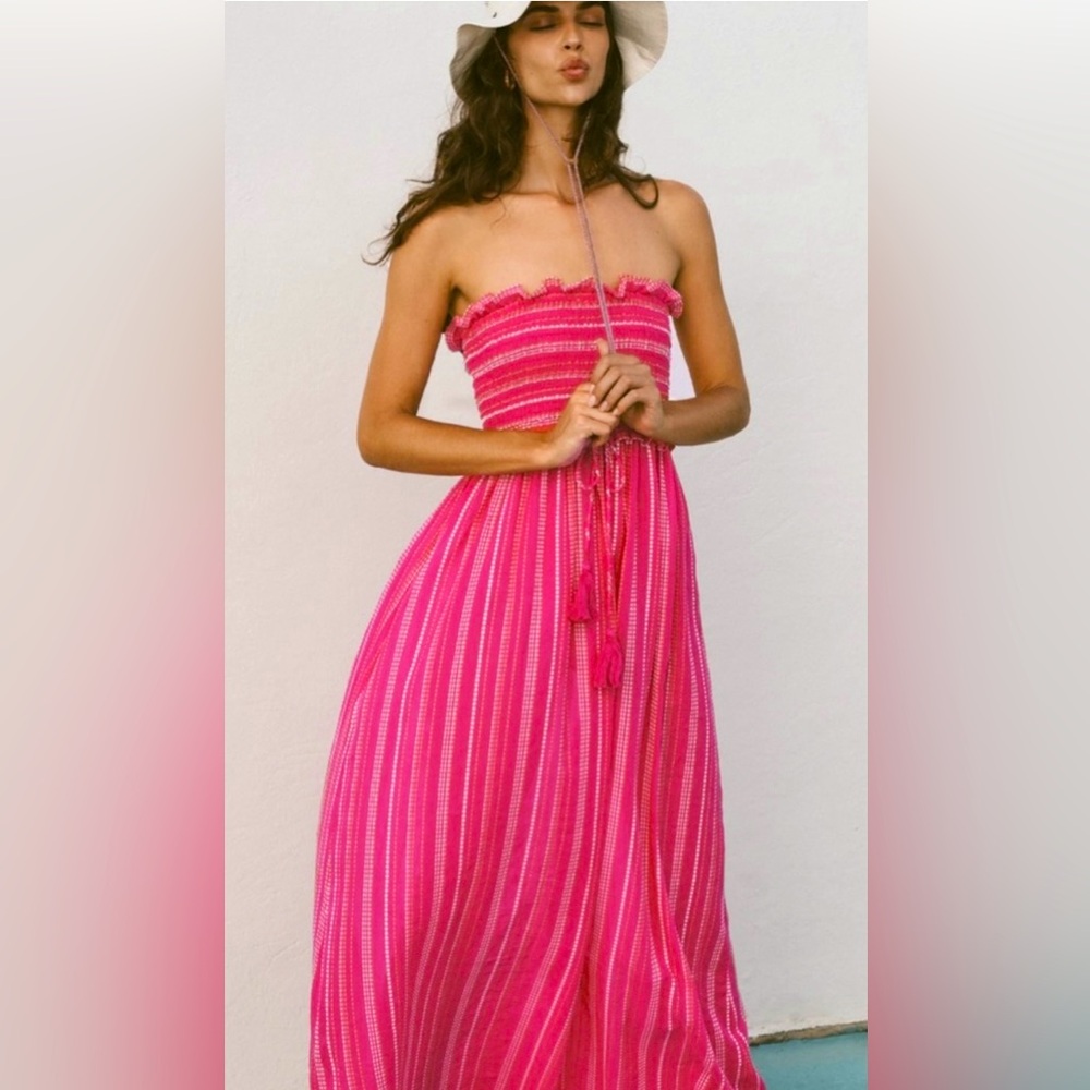 PQ Swim Women's Stephanie Pink Topaz Long Dress - Smocked
Bodice Ruffle Trim M/L